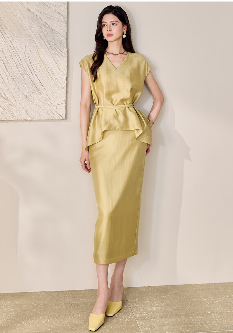 ROEYSHOUSE Women's Summer Casual Slim V-Neck Tie Two-Piece Set Top and Skirt 12233 Yellow M 7