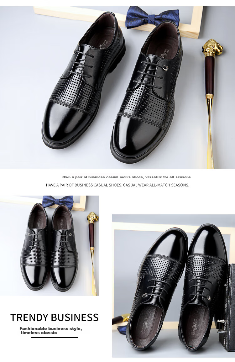 CARTELO British Breathable Cowhide Business Hollow-Out Formal Casual Low-Top Lace-Up Leather Shoes for Men, 3511 Black, Size 38 6