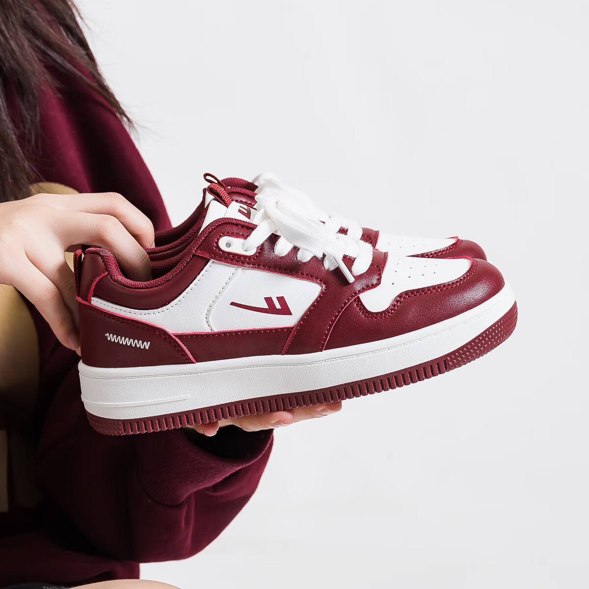 Huili Women's Trendy Versatile Sneakers, Leather Upper White Shoes, Student Sports Shoes WXP2066, Wine Red White, Size 37