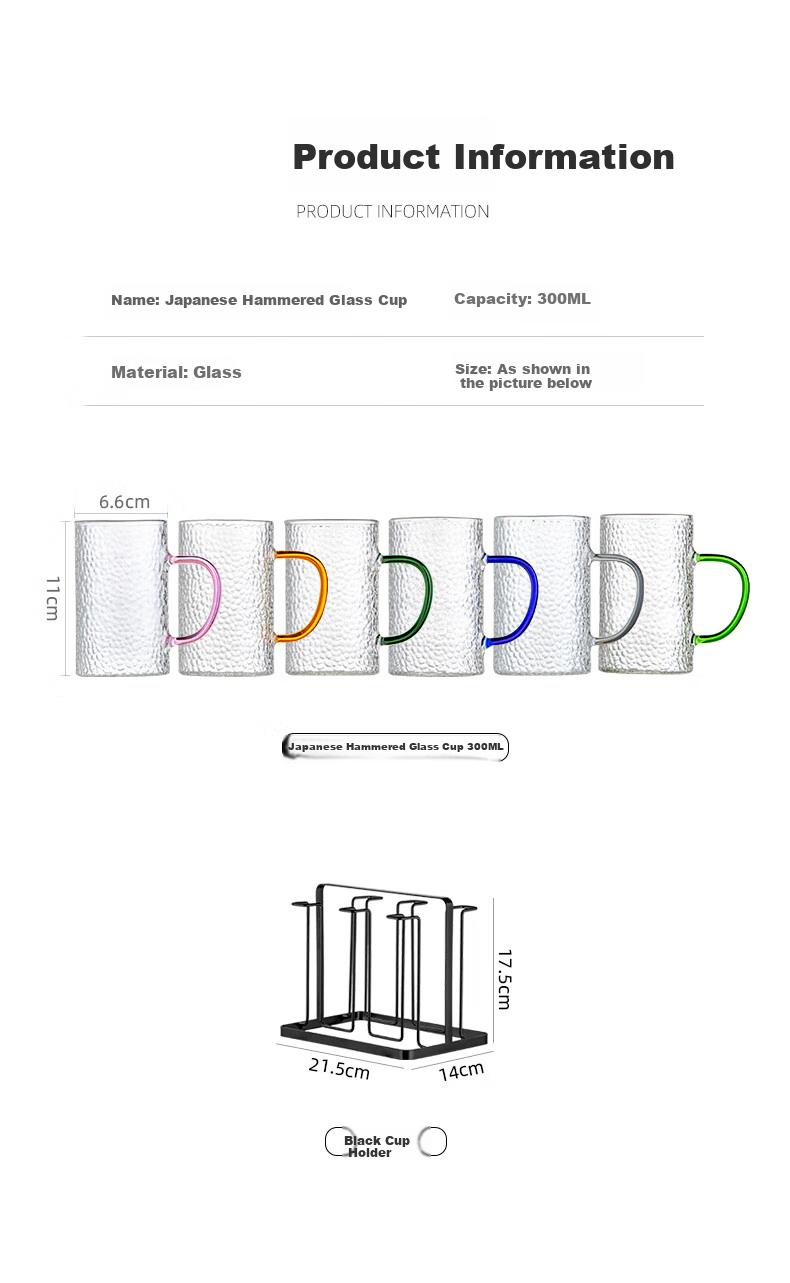Genas Japanese Style Hammered Glass Mug Set with Handle for Home and Guest Tea Cups High Aesthetic Drinking Glasses 6