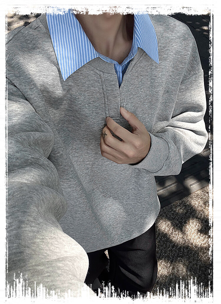 IZEXX Korean-Style POLO Shirt, Faux Two-Piece Contrasting Color Patchwork Sweatshirt, Men's Autumn Style, Turn-Down Collar Pullover Top, GW32 Black, Size M 1