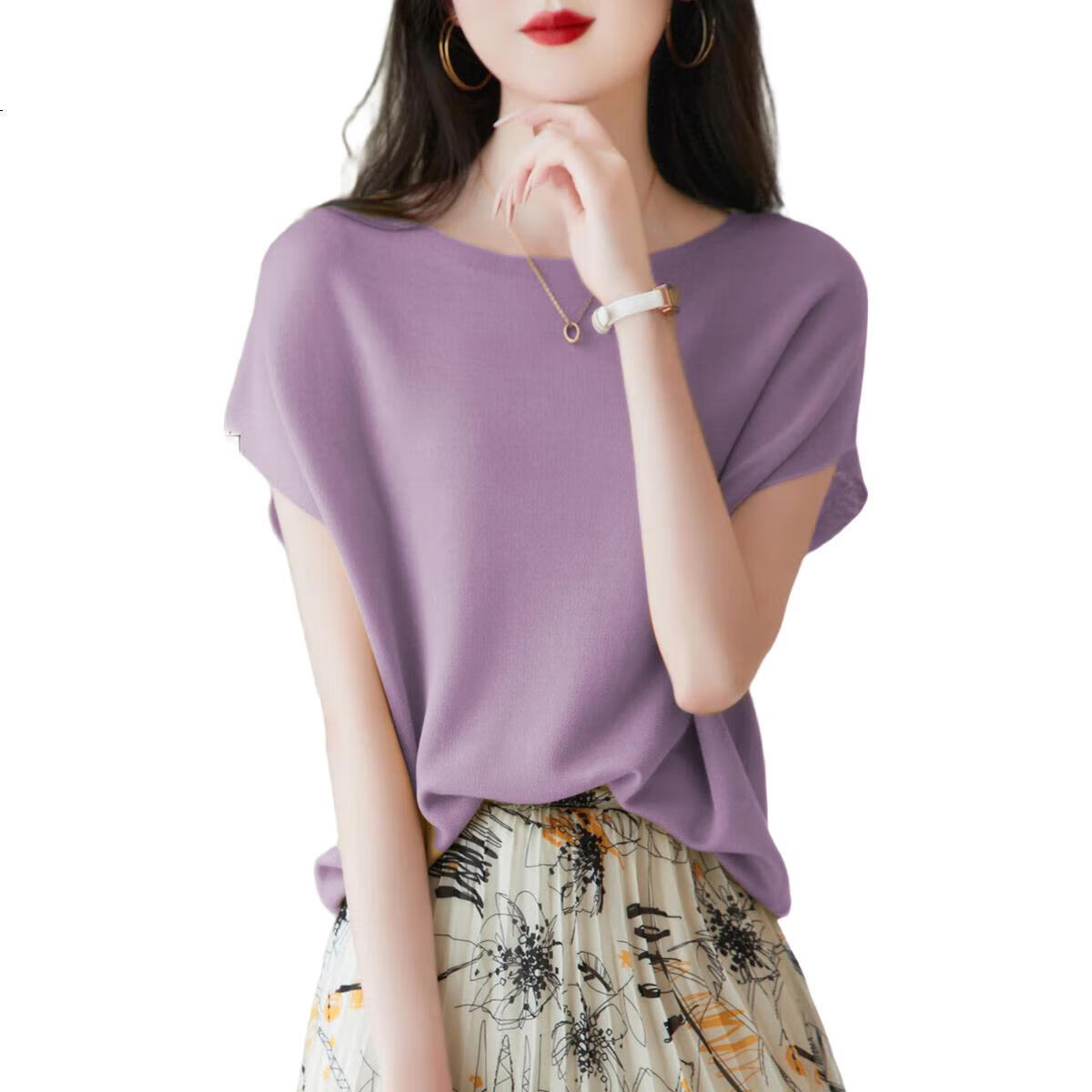 Dme [One-Neck Sweater] Summer Elegant Batwing Sleeve Short-Sleeve Knit Top for Wome