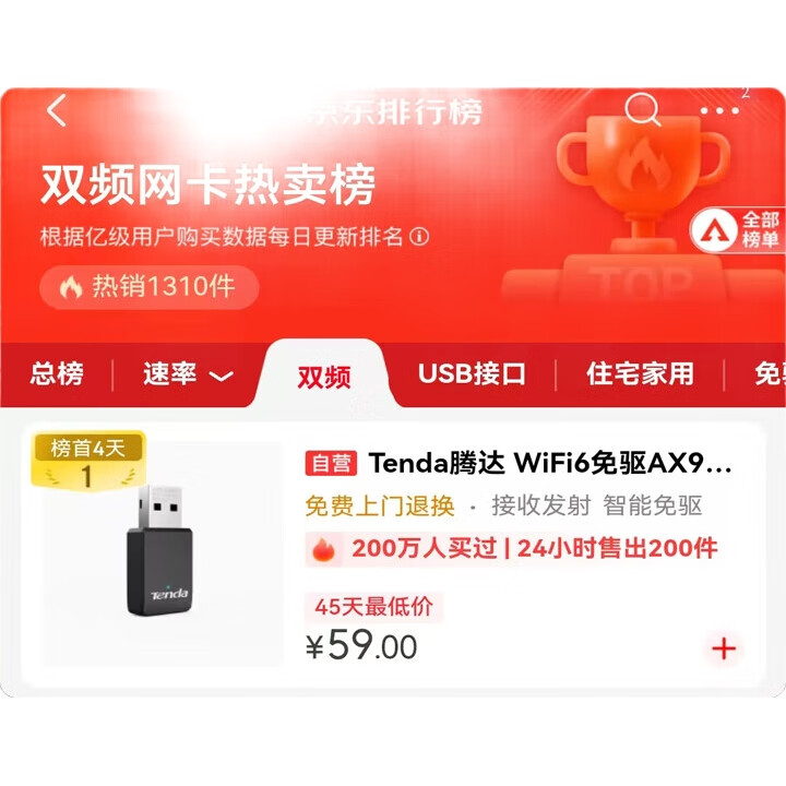 Wi-Fi адаптер Tenda U11 AX900, USB, двухдиапазонный, Wi-Fi 6, 900 Мбит/с