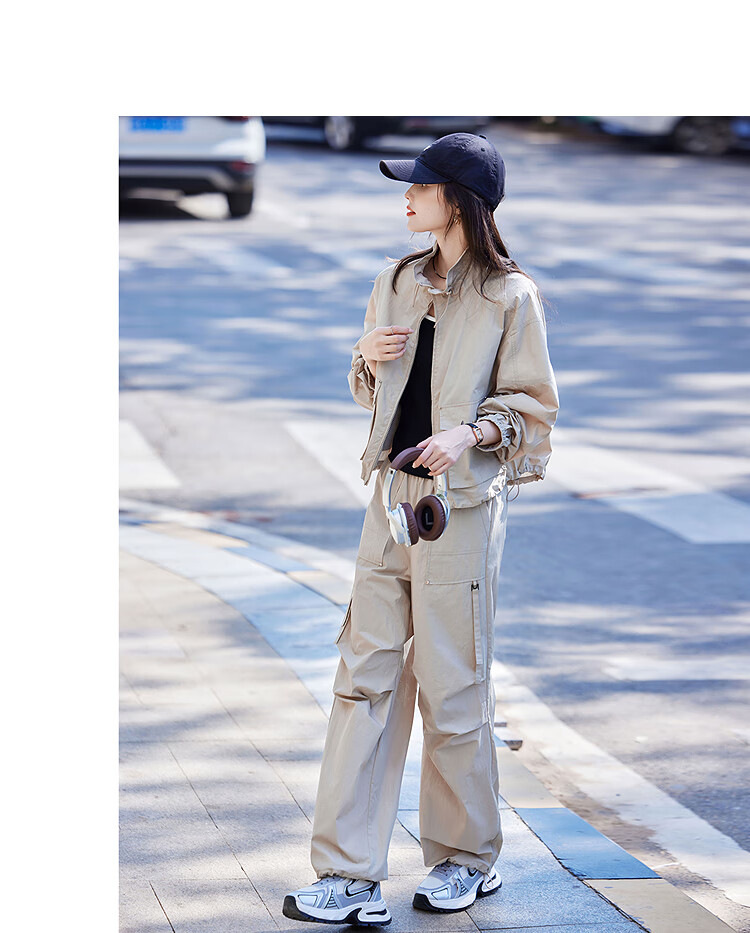 Awakening Paradise 26 Spring New Stand Collar Drawstring Jacket High Waist Cargo Jogger Lightweight Casual Set Navy Blue S 10