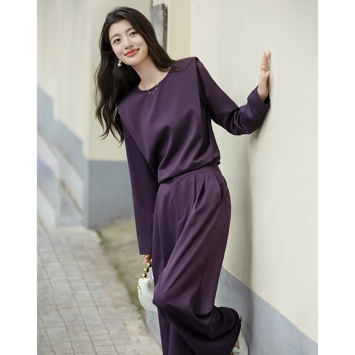 Dme [Zhi Xi Ge Lei Set] Autumn Design Shoulder-Padded Round Neck Top and Wide-Leg Suit Pants Women's Two-Piece Set