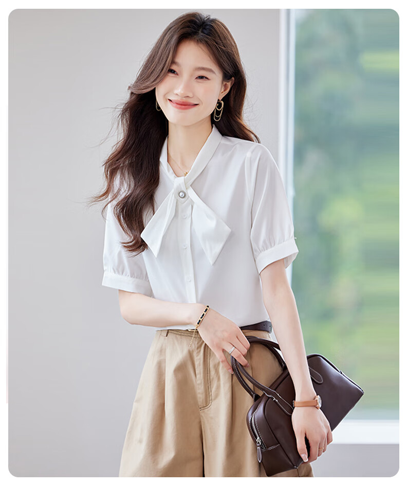 JEANSWEST Women's Summer Short Sleeve Shirt Elegant Versatile Fashion Bowknot Solid Color Formal Top White M 2