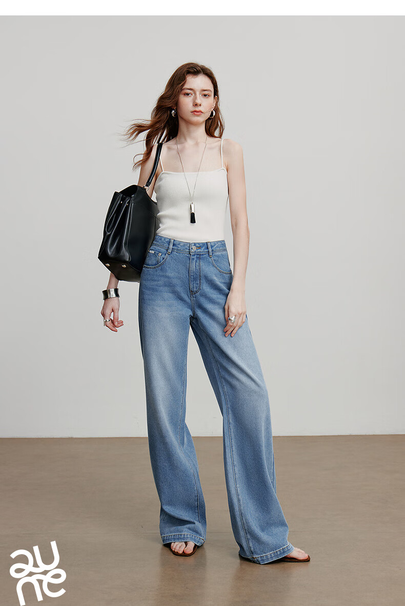 Chuyu Focus Acetate Puff Soft Denim Women's 2025 New Mid-Waist High Street Embroidered Wide-Leg Pants Sky Blue 28 14