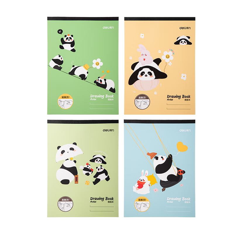 Deli 4-Pack A4 Panda Children's Picture Books, Large Drawing Sketchbooks for Kindergarten And Elementary School Students, Thick White Paper Spiral-Bound Notebooks for Students, XM203 Back-To Stationery