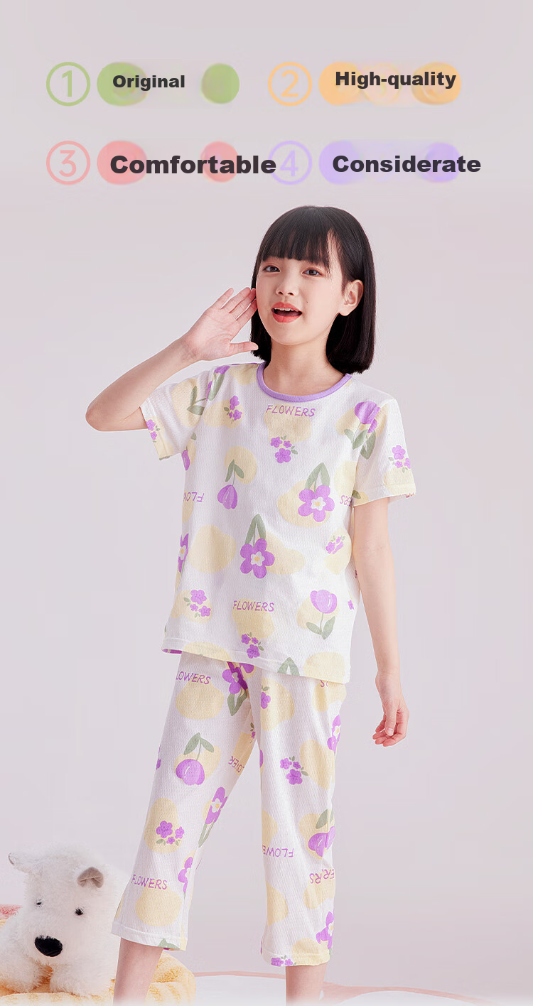 DEESHA Girls' Pajamas, Spring And Summer Thin Mesh Breathable Antibacterial Pure Cotton Air Conditioning Wear, Home Wear Set for Older Childre 1