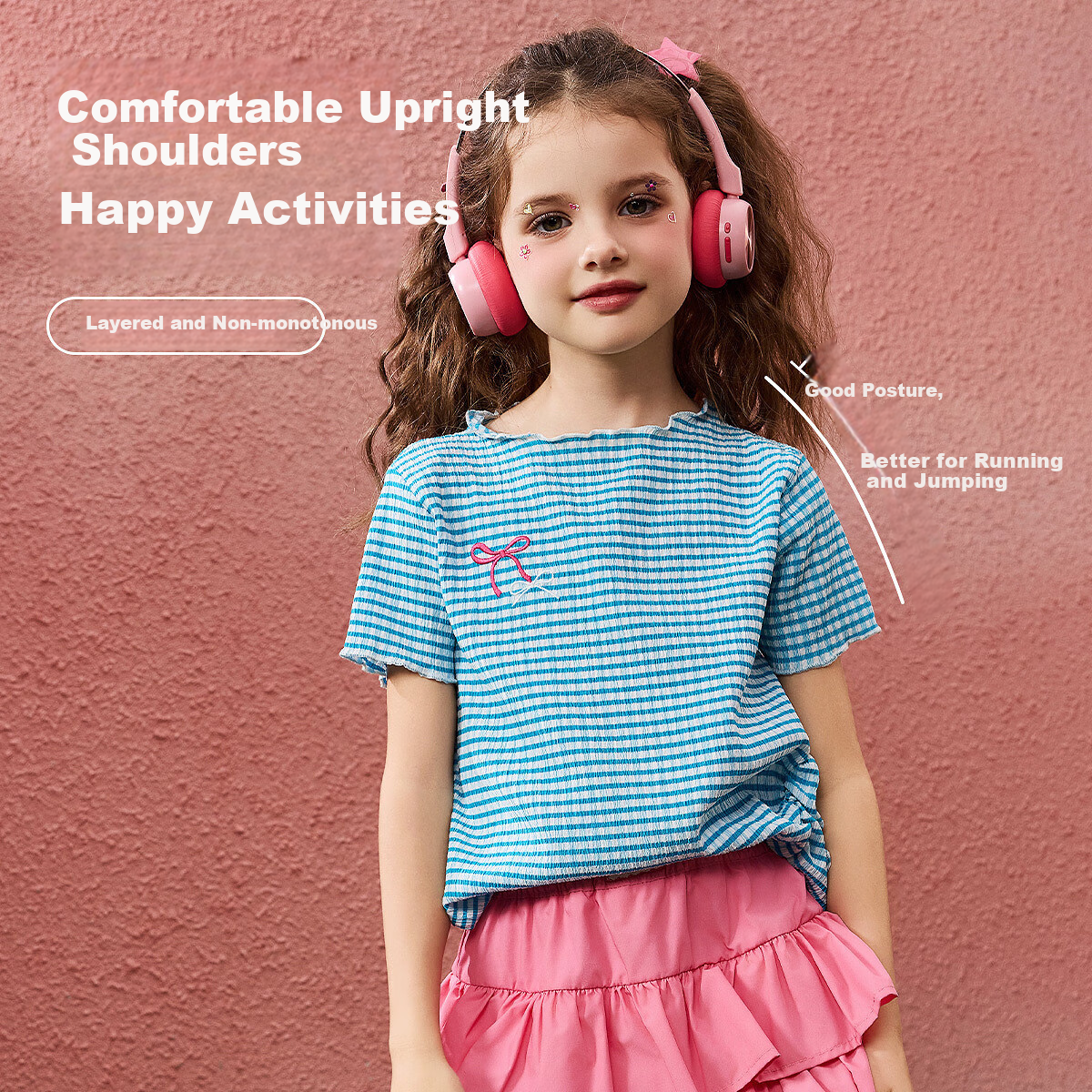 ASK JUNIOR Striped Contrast Color Children's Short-Sleeve T-Shirt, Summer Lightweight Breathable Girls' Butterfly Bow Half-Sleeve Tee, Blue, Size 120