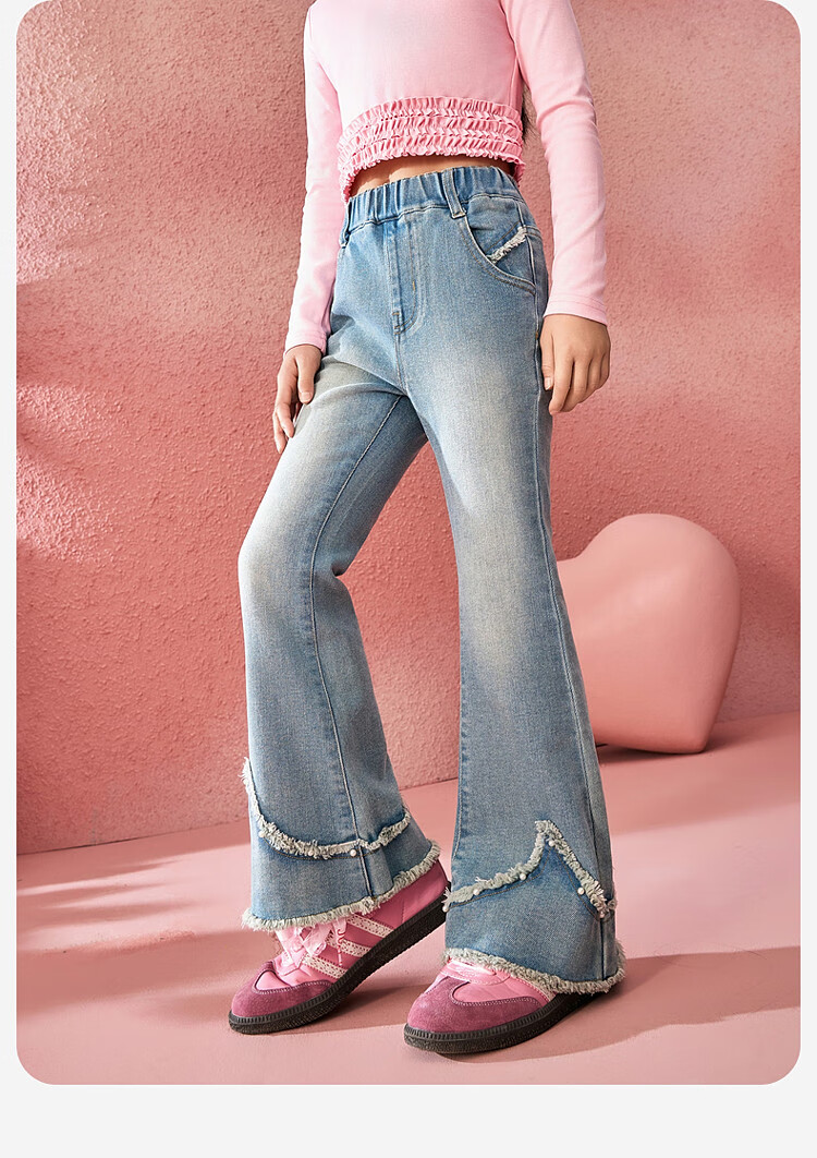 ASK JUNIOR Children's Clothing, Girls' Autumn Pants, Retro Denim Trousers, Long Pants with Slight Gradient, Casual Pants, Blue, Size 160 6