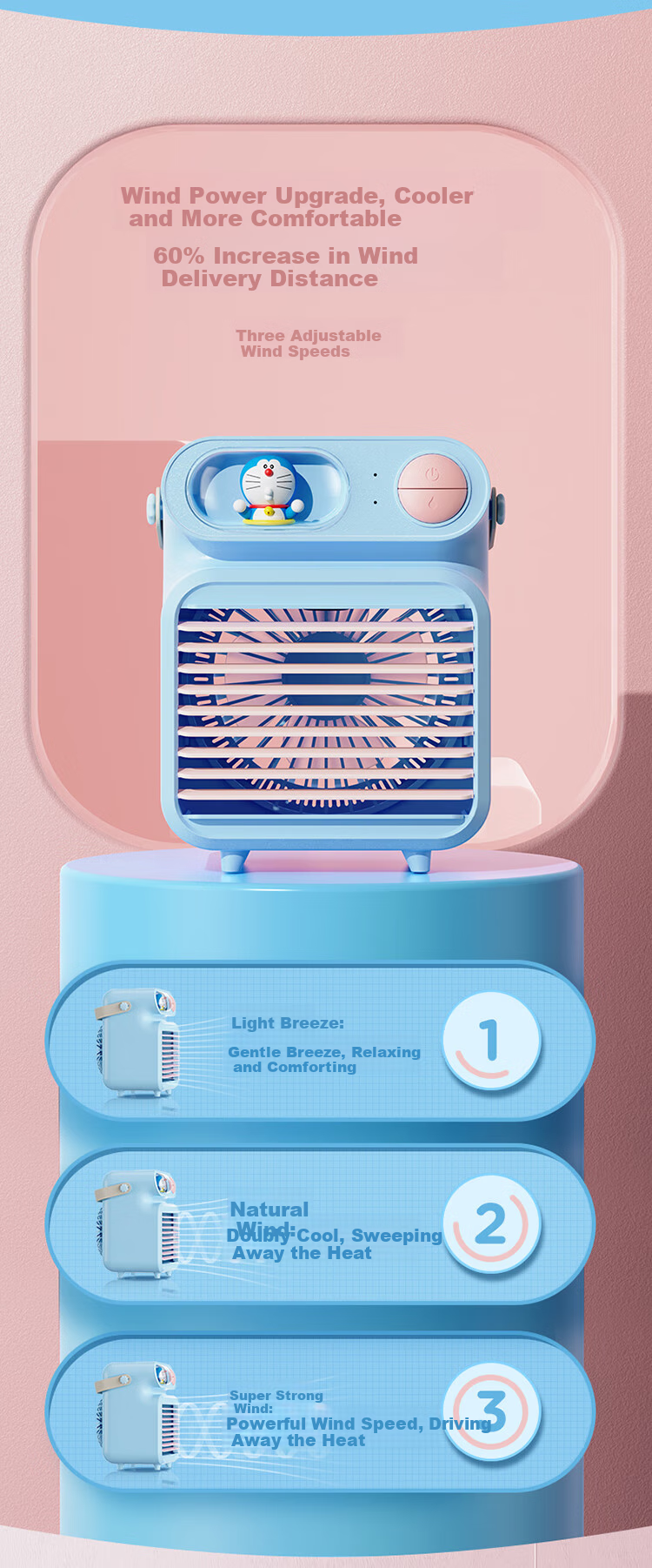 ROCK Doraemon Handheld Fan Digital Display Turbo Strong Wind Portable Silent Mini USB Fan Long Battery Life Cute Cooling Blue 8