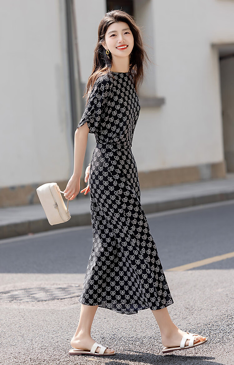 Dme [Romantic Style] Summer Elegant Boat Collar, Raglan Sleeve, Waist-Cinching, Pleated Wrap Dress with Water Print Floral Pattern for Wome 8