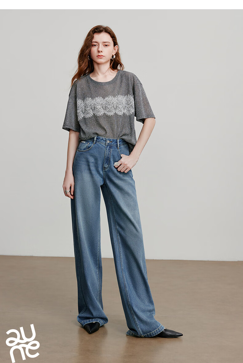 Chuyu Focus Acetate Puff Soft Denim Women's 2025 New Mid-Waist High Street Embroidered Wide-Leg Pants Sky Blue 28 27