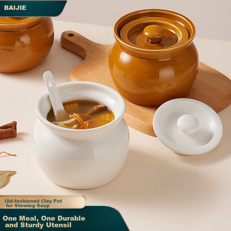 BJ Ceramic Pot with Spoon, Small Clay Jar, Ceramic Bowl, Lard Pot, Double Boiler for Bird's Nest, Soup Steamer with Lid, Egg Steamer, White, 400ml