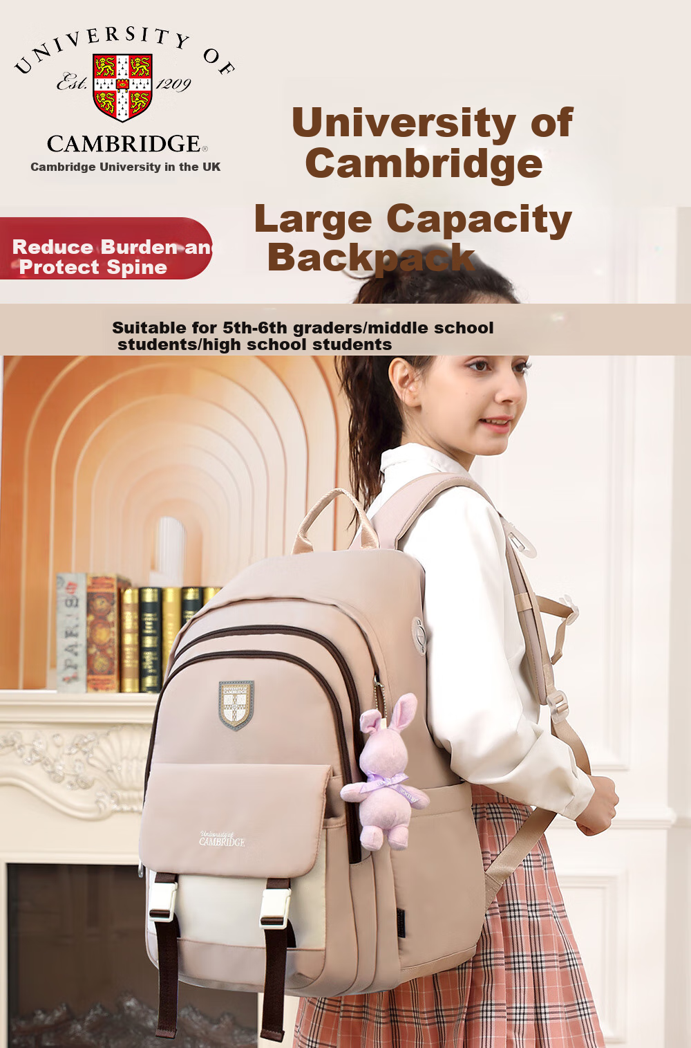 UNIVERSITY OF CAMBRIDGE Cambridge University Middle School Backpack for Girls, High School Student Casual Bag, Large Capacity Lightweight Backpack 1