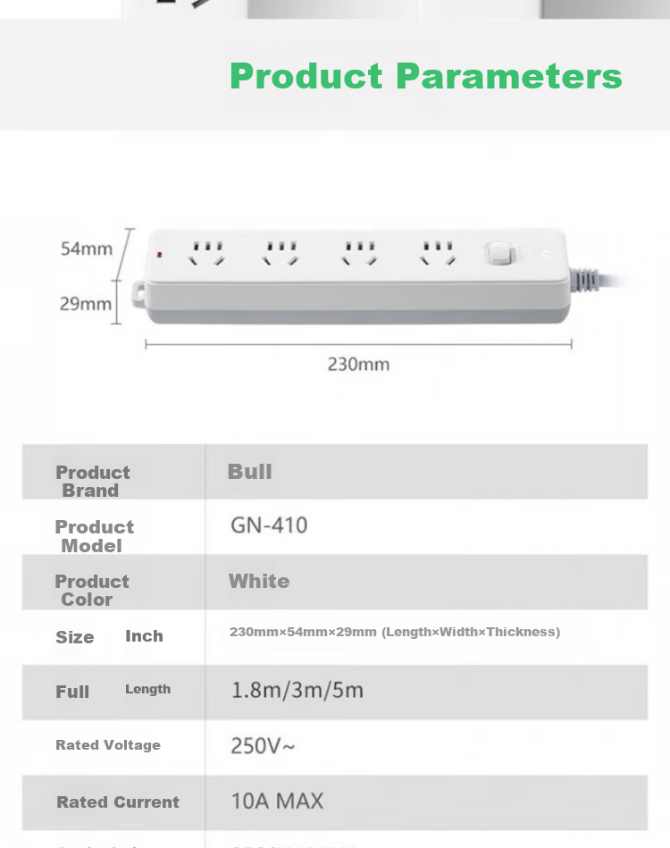 BULL Power Strip Socket Extension Cord, 4 Outlets with Master Switch, 3 Meters, 10A 250V, GN-410 All-White Power Strip 10