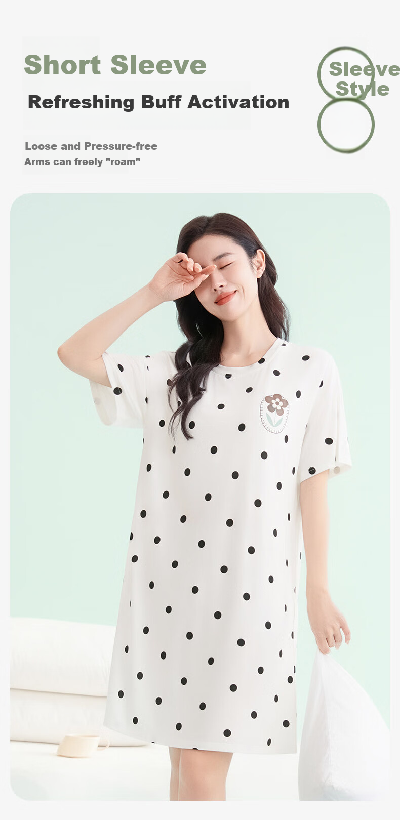 FENTENGCARE Women's Nightgown with Built-In Bra Pads, Round Neck Short Sleeve Short Skirt Polka Dot Breathable Dress Loungewear Gift for Girls 8
