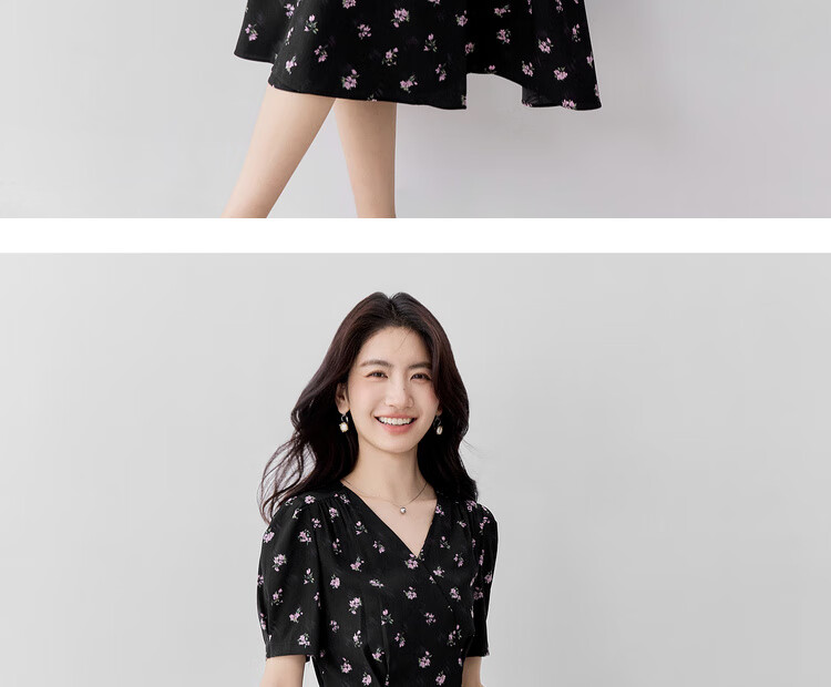 Shangdu Bila V-Neck Short Sleeve Printed Dress Women Summer Waist Slimming Tea Break Floral Elegant Commuter Mid-Length Dress 22