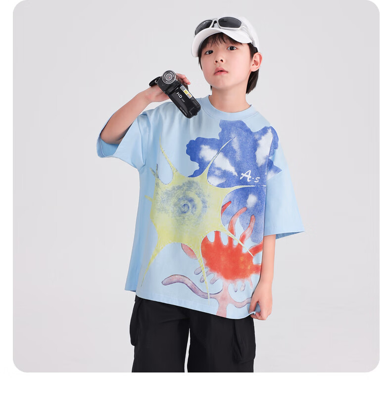 BABY HH Boys Summer Dopamine Graffiti Short Sleeve T-Shirt 2025 New Trendy Top Blue Lightweight Size 120 4
