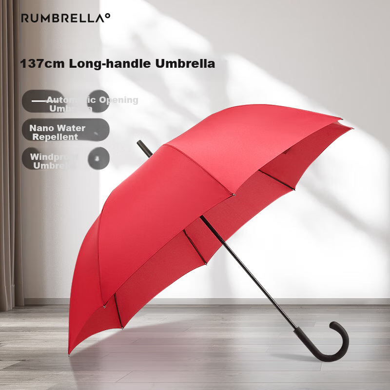 RUMBRELLA All-Weather Umbrella, Long Handle, Large Size, Reinforced And Thickened, Storm-Resistant, High-End Business Straight Handle Red Umbrella for Three People
