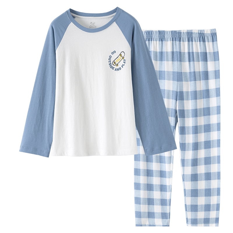 Dingguagua Boys' Cotton Breathable A-Class Long Sleeve Pajama Set, Blue, Size 120