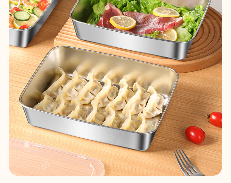 BJ 304 Extra Thick Stainless Steel Rectangular Tray, Serving Tray, Street Vending Tray, Cold Dish Tray, Barbecue Plate, Large Food Storage Container with Lid, Set of 3 12