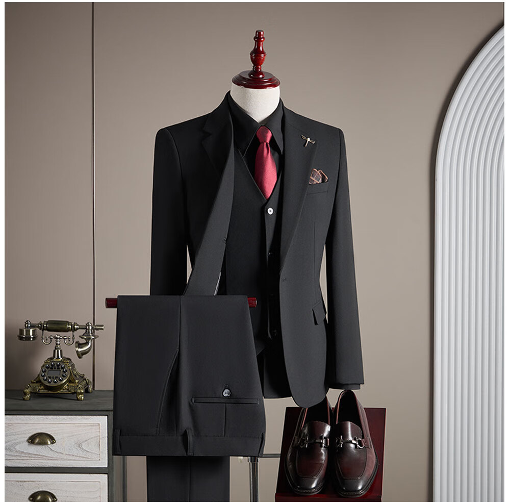 ROMON Men's Suit Set Blazer Vest Trousers Business Formal Wedding Dark Gray XL 8