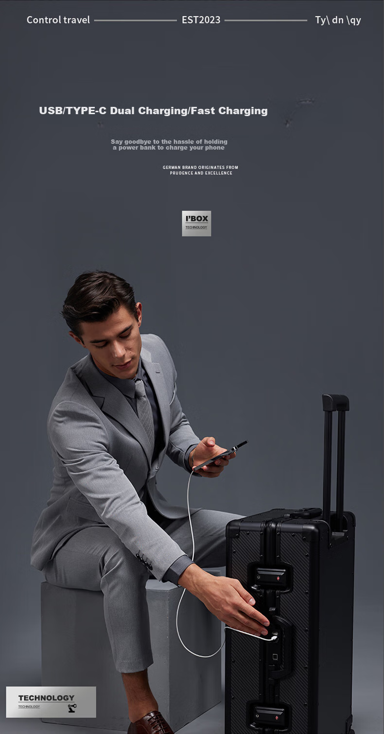 LUCKY CLUB Carbon Fiber Suitcase, High-End Travel Case, Carry-On Luggage, Trolley Case with Password Lock, Fingerprint Model in Classic Black, 26 Inches 7