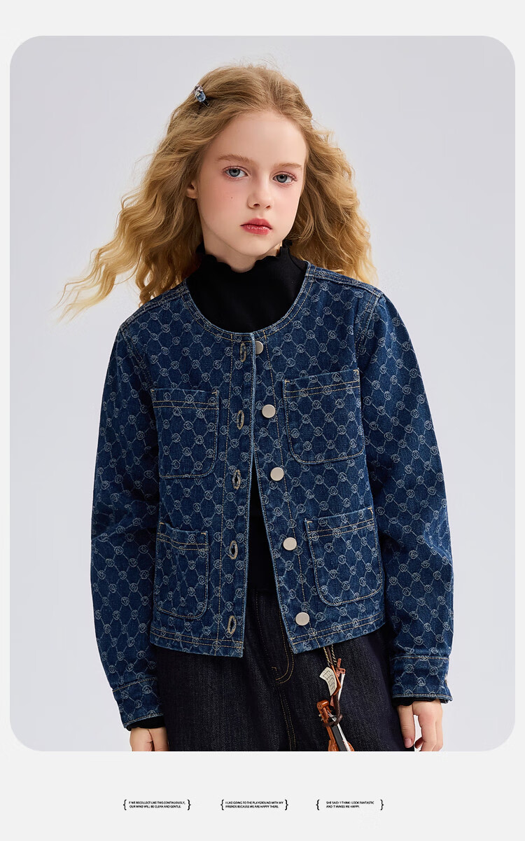 ASK JUNIOR Kids Denim Jacket Spring Girls Vintage Floral Long Sleeve Tweed Top Denim Blue 150 7