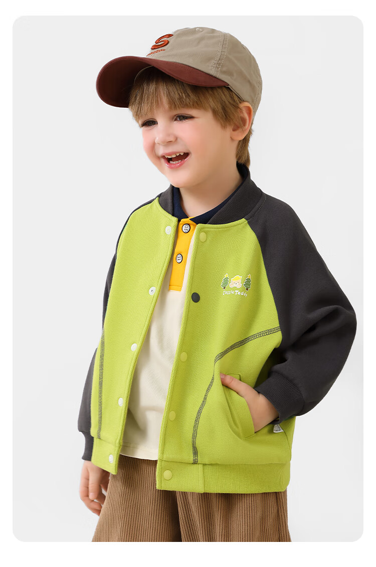 Classic Teddy Kids Jacket Boys and Girls Baseball Coat Mid-Child Spring Cartoon College Outerwear Green 130 1