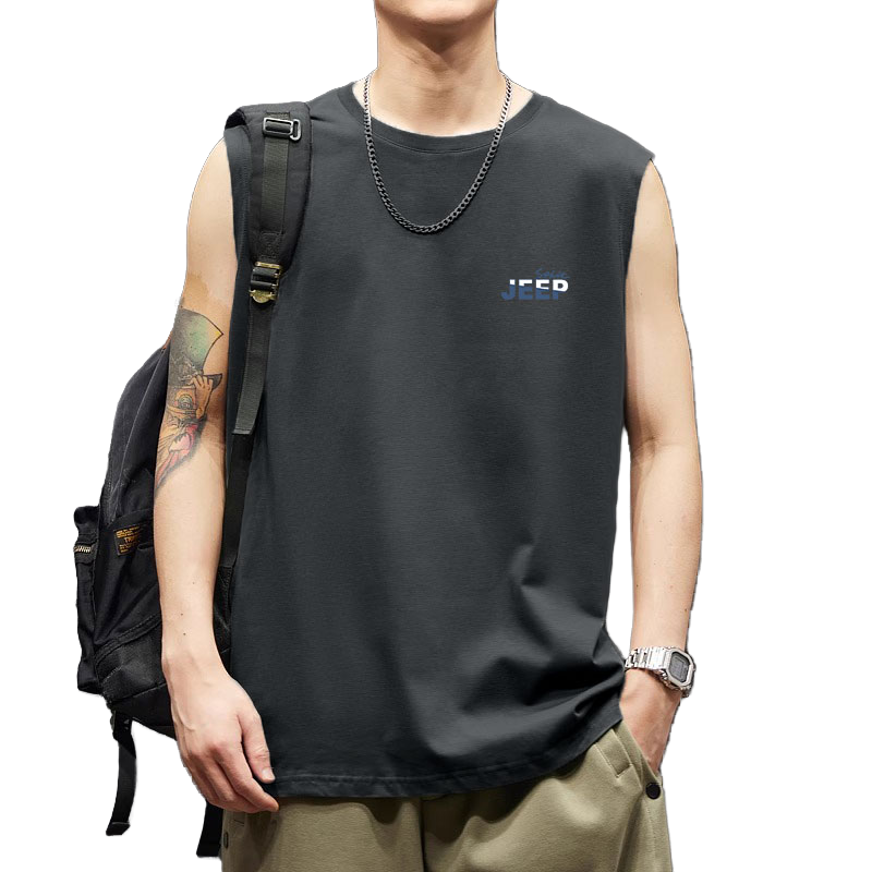 JEEP SPIRIT Men's Summer Cotton Loose Breathable Simple Casual Sleeveless T-Shirt Vest Dark Gray L