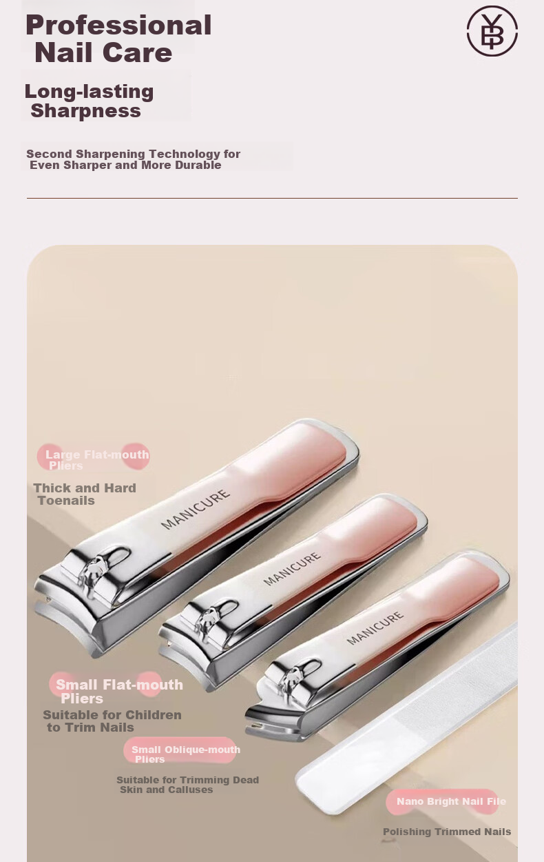 Bingyou Nail Clipper Set 4 Pieces: Nail Clippers, Diagonal Nail Nippers, Pedicure Knife, Nail File, Nail Grinder File 4