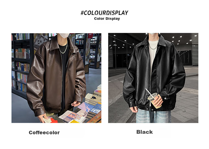 SWAMP AREA Men's Solid Color Leather Jacket, Spring And Autumn Hip-Hop Style Outerwear, American Retro Motorcycle-Inspired Coat, SWC99 Coffee Color, Size L 2