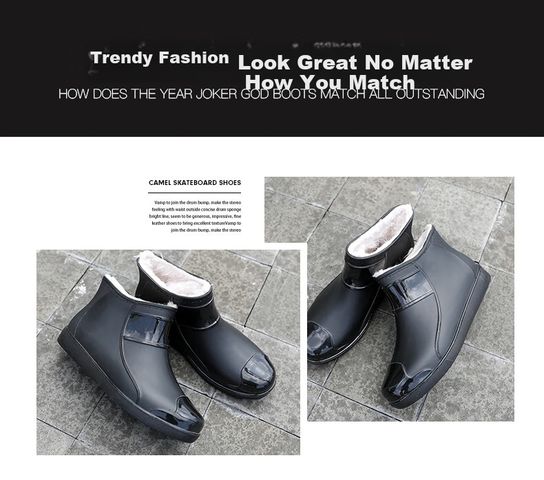 FOOTOPPO Fashionable Short Warm Rain Boots for Men, Winter Fleece-Lined Rain Boots, Men's Rain-Proof Overshoes, Thickened Non-Slip Water Shoes, Waterproof Shoes 2