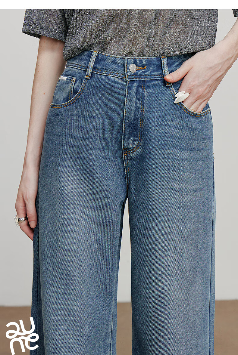 Chuyu Focus Acetate Puff Soft Denim Women's 2025 New Mid-Waist High Street Embroidered Wide-Leg Pants Sky Blue 28 28
