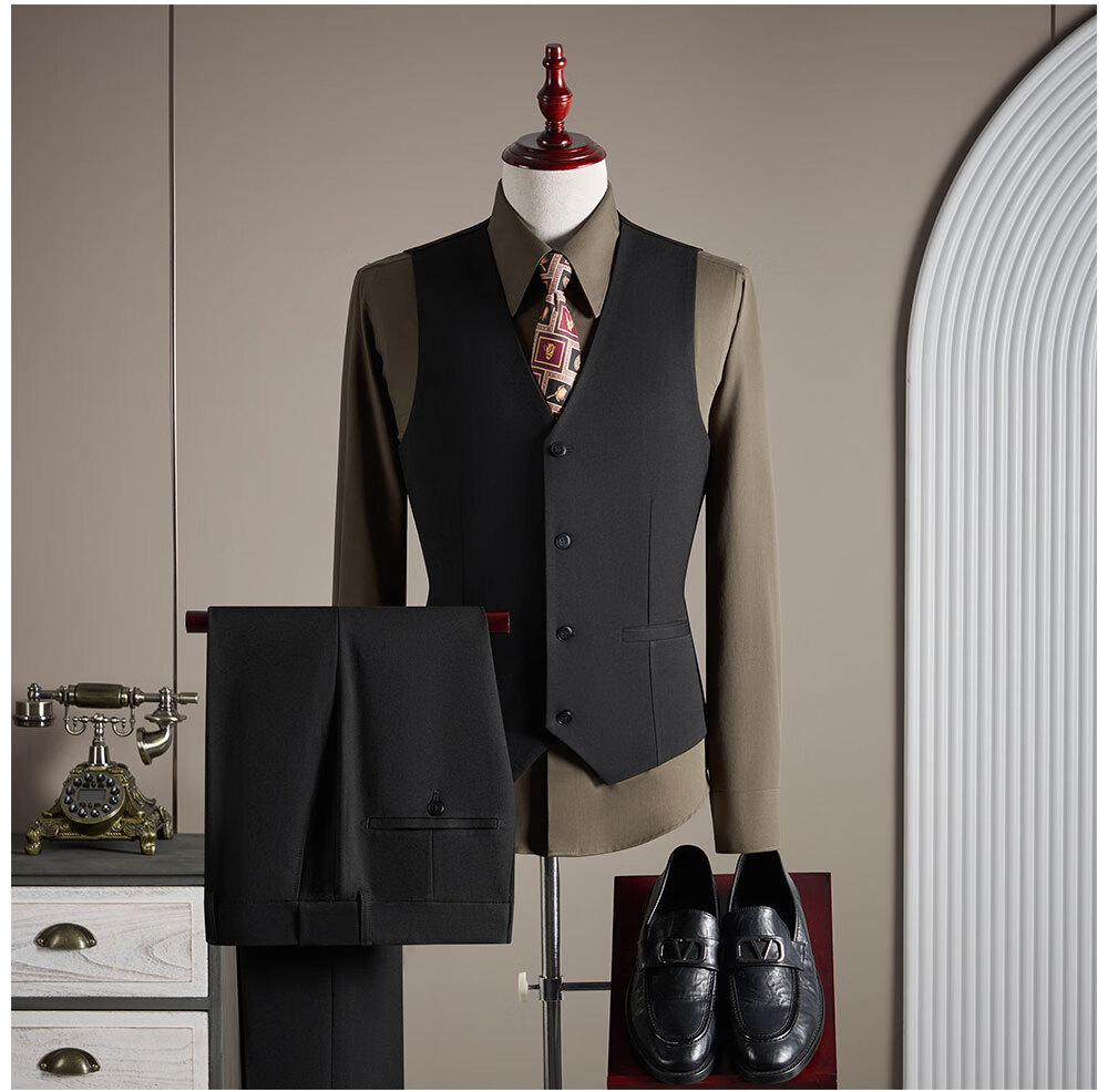 ROMON Men's Suit Set (Blazer + Vest + Trousers) Professional Formal Wool Coat Navy Blue 4XL 6