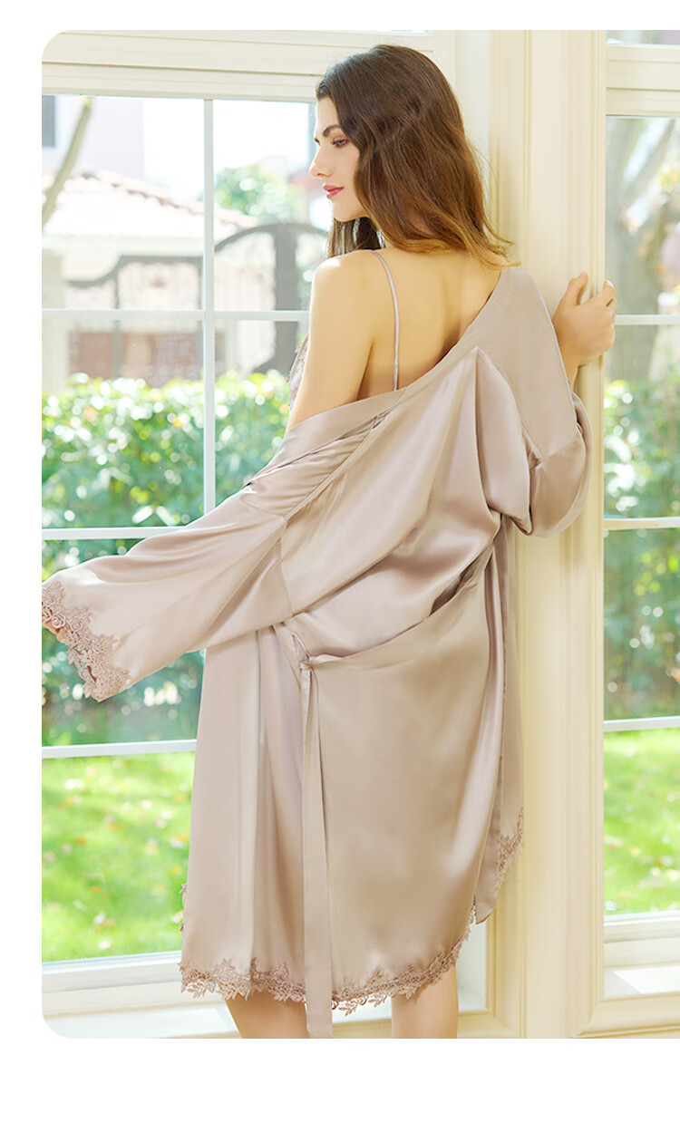 Sijie Heavyweight Pure Silk Robe, 100% Mulberry Silk, Comfortable Handmade Embroidery Rose Spaghetti Strap Nightgown Set, Silk Loungewear 13