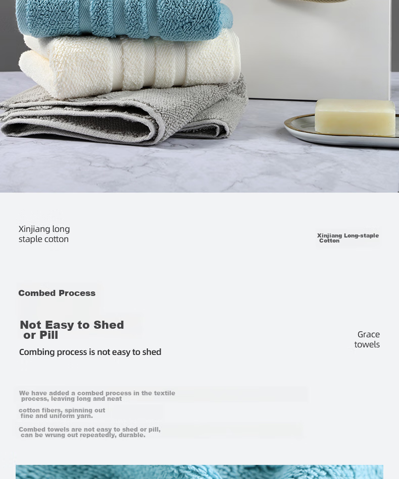 Grace 10A Antibacterial Towels, 3 Pack, Extra Large, Skin-Friendly, Breathable, Quick-Drying, Soft, Unisex Face Towels 7