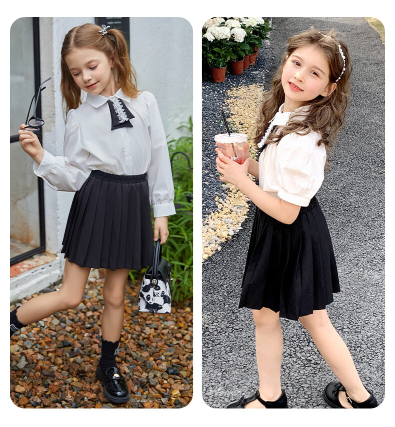 Follow Me Girls' Summer Set: Preppy Style Shirt Top And Pleated Skirt Two-Piece Set White/black 140 13