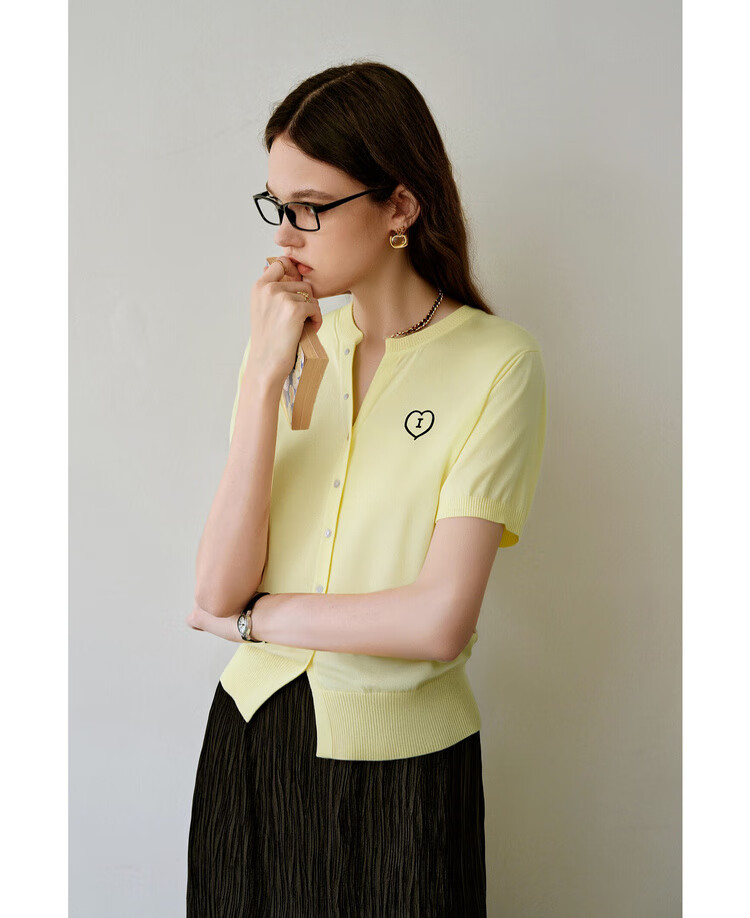 Olrain Heart Embroidered Knit Cardigan Women's Summer V-Neck Short Sleeve Top Yellow XL 16