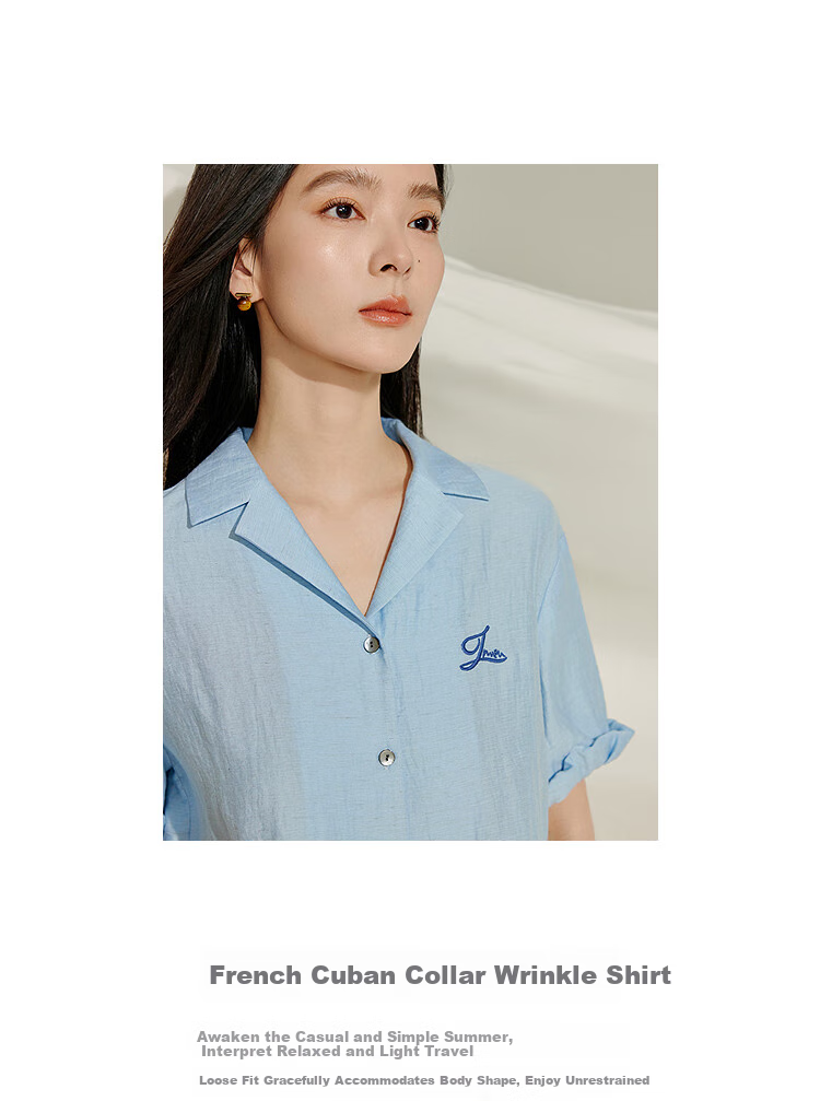 INMAN Summer 2026 Women's Blue Short Sleeve Linen Wrinkle Texture Shirt Light Blue XL 2