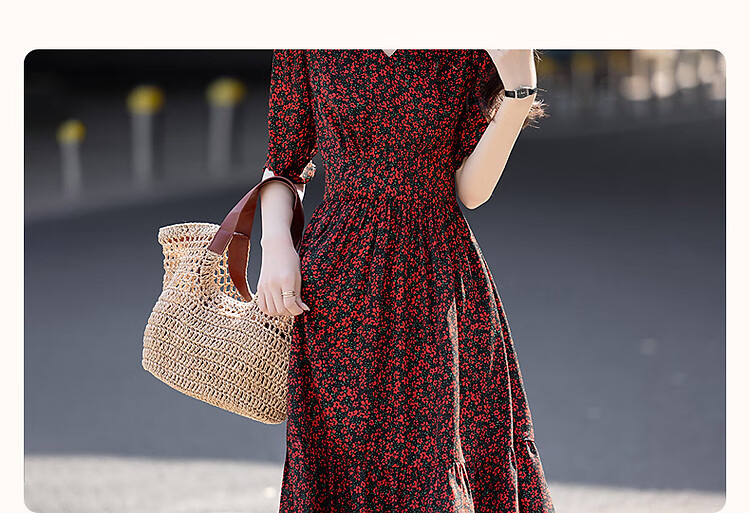 Demana [Passionate French Style] Summer Lightweight Chiffon Printed V-Neck Short Sleeve Waist-Cinched Ruffle Hem Elegant Women's Dress 5