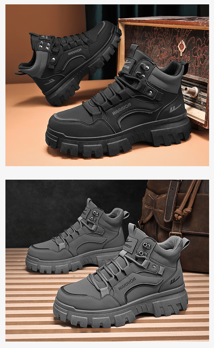 Warrior Martin Boots Men's Autumn Winter New Casual Thick Sole High Top Work Shoes Black Gray 41 11