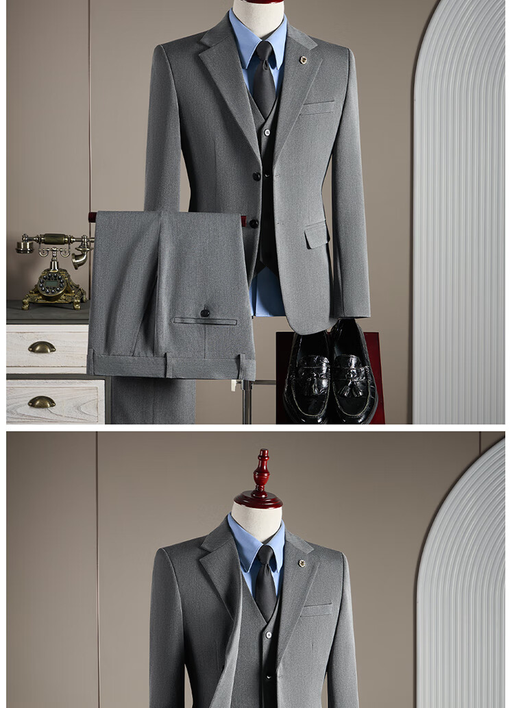 ROMON Men's Business Suit Set [Blazer + Vest + Trousers] Dark Gray 2XL 22