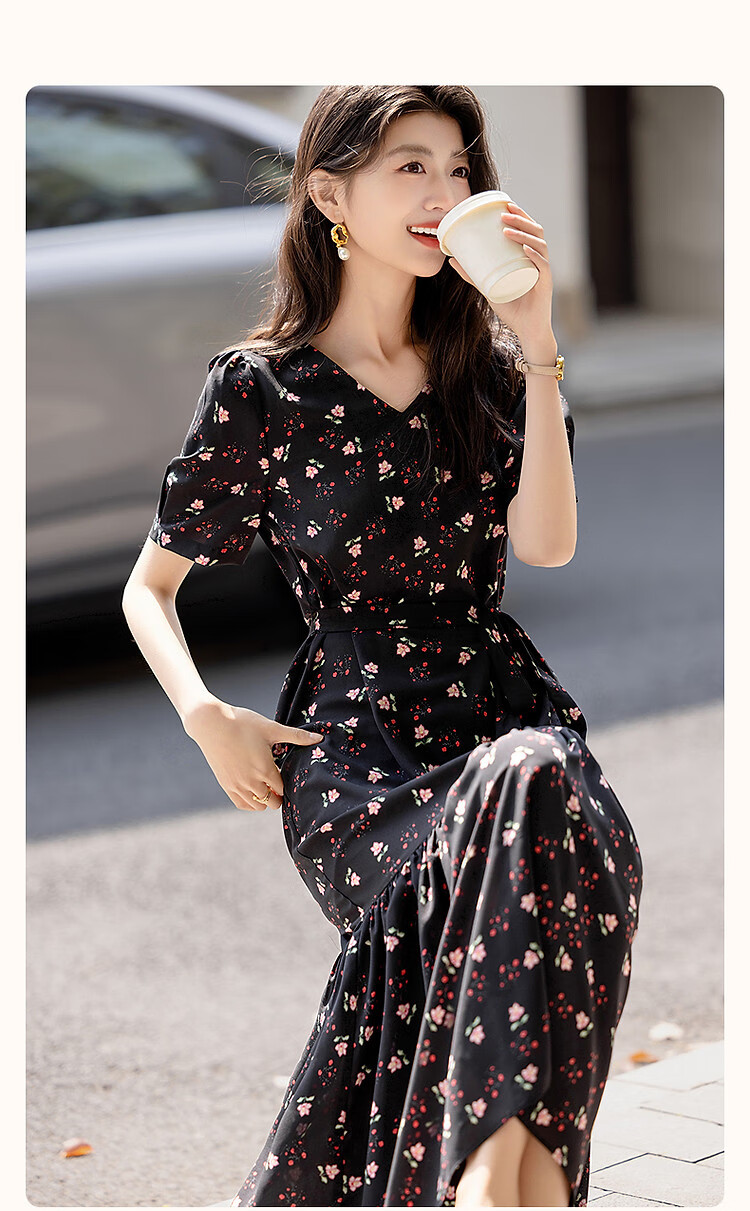 Dme [Jiweini Garden] Summer Sweet Style Round Neck Floral Print Waistless A-Line Dress for Petite Wome 2