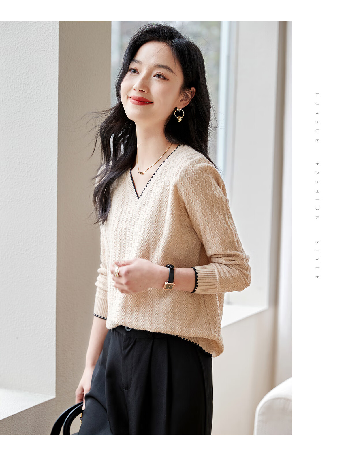 Chushen Women's Spring and Autumn Knitwear Fashionable Elegant V-Neck Color-Block Collar Long Sleeve Base Shirt S141Z3649 11