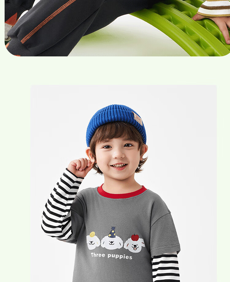 Badibadi Spring and Autumn Pure Cotton Baby Toddler Children's Long Sleeve T-Shirt Fake Two-Piece Versatile Base Shirt Black and Red Three Little Dogs Size 90 4