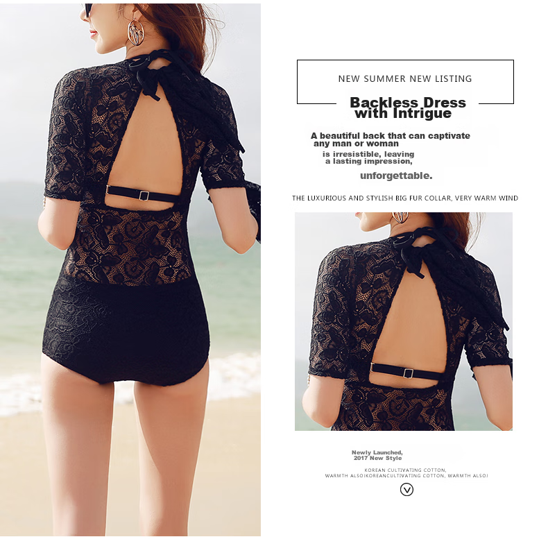 DK Women's One-Piece Swimsuit Set with Three Pieces, Conservative Lace Design to Conceal Belly, Slimming, with Underwire Support for Small Breasts, Push-Up Swimwear for Hot Springs, Black, M Size 5