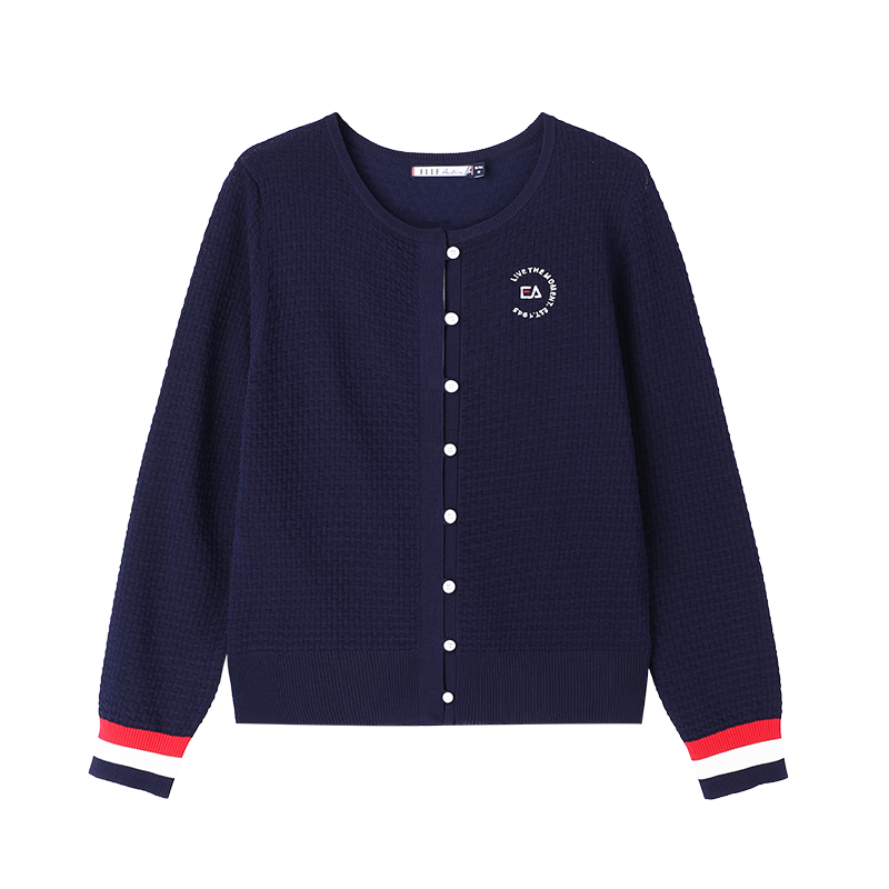 ELLE ACTIVE Waffle Texture Knit Cardigan for Women, Spring And Summer Contrasting Colors Elegant Slimming Comfortable Commuter Style Navy Blue S